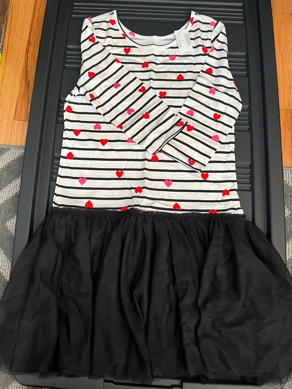 Girls Black Tulle Dress with Striped Heart Print Top